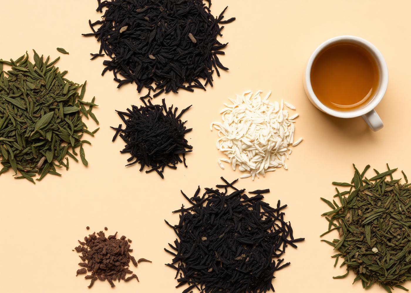 Green, black, oolong and white loose leaf teas arranged on a warm surface